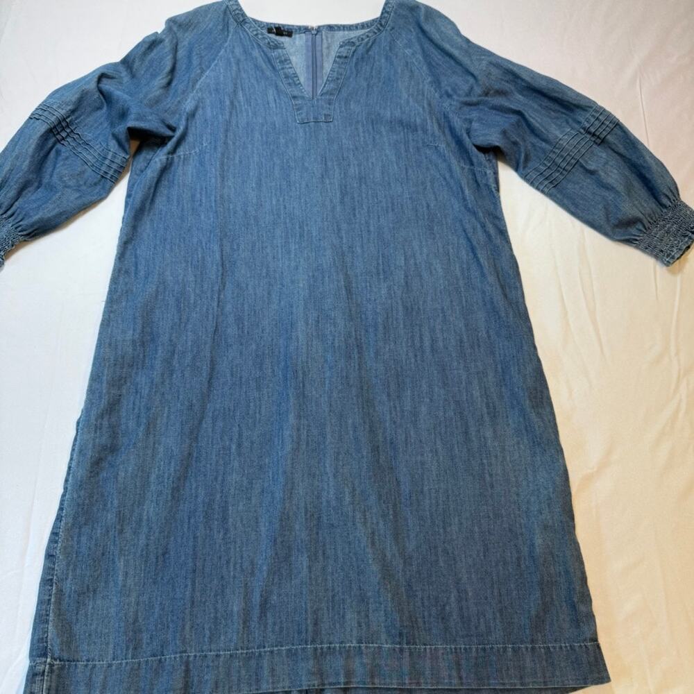 Talbots Chambray Denim Dress Women’s 14 Blue Shift Smocked Sleeve 3/4